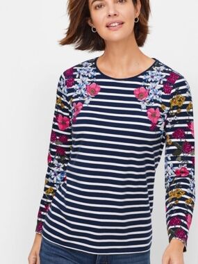 Talbots Navy & White  Pima Striped Long-Sleeve Tee with Pink Floral Accents